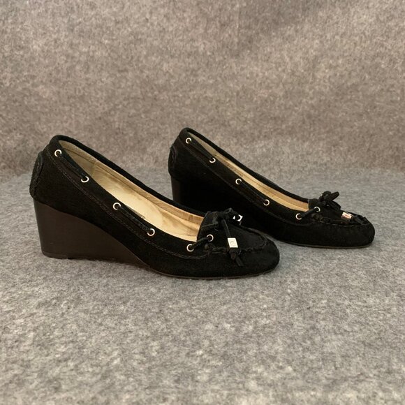 MICHAEL Michael Kors Women's Black Leather Wedge Suede Slip on Heel Bow Shoes - Picture 6 of 13